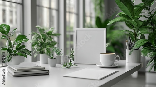 Cozy workspace with coffee, plant, and reading materials on a rustic wooden t...