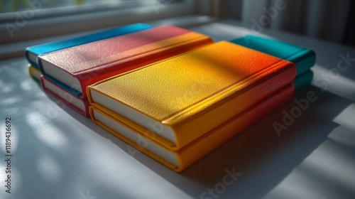 Vibrant color-coordinated books stacked in a library setting on a white table
