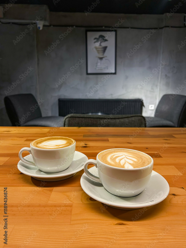 Obraz premium Two steaming lattes with intricate latte art sit on a wooden table in a cozy Istanbul cafe, perfectly capturing a calm spring afternoon indoors