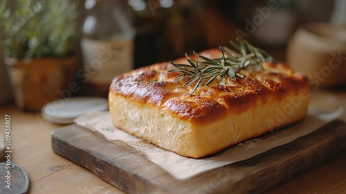 Freshly baked loaf of bread topped with rosemary on a wooden cutting board in...