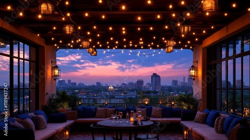 Stylish rooftop bar with city skyline at sunset in an urban setting