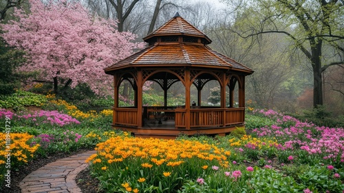 Blooming tulips surround a wooden gazebo in a tranquil garden during early mo...