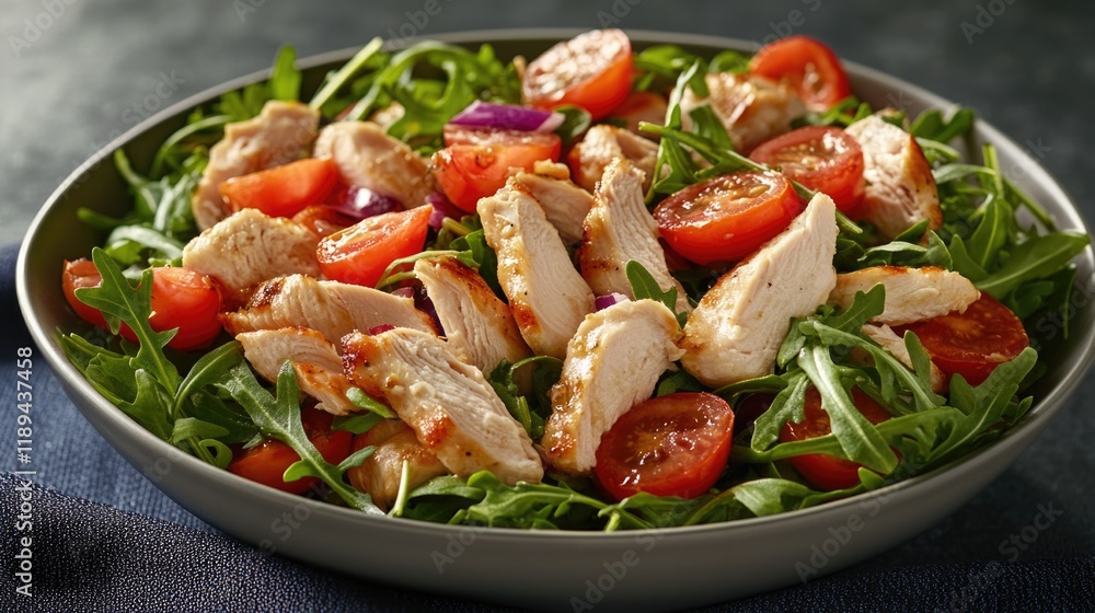 Bowl of salad with chicken and tomatoes. The salad is served in a gray bowl and is topped with a generous amount of greens Bowl of salad with chicken and tomatoes. The salad is served in a gray bowl and is topped with a generous amount of greens