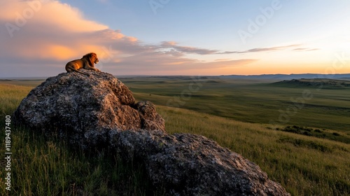 Lion resting on rock, sunset savanna. Wildlife photography for travel brochures photo