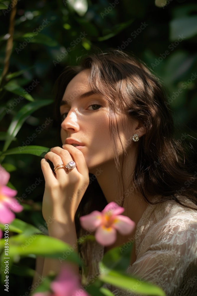 A woman wearing an engagement ring, possibly newly married or getting engaged A woman wearing an engagement ring, possibly newly married or getting engaged