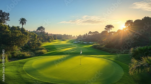Beautiful sunset over a golf course with a flag in the foreground