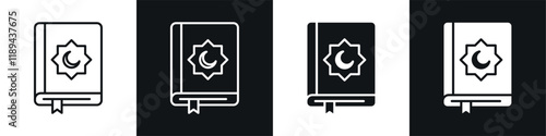 Quran kareem icons vectors set in black. line and flat versions