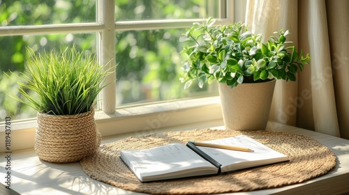 Writing in a cozy nook with plants and sunlight streaming through the window