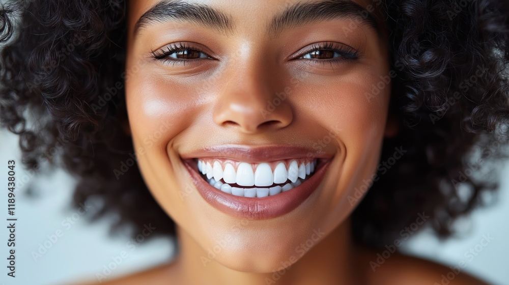 Close-up portrait of happy woman smiling brightly. White teeth, natural expression highlighted in studio setting. Woman beautiful curly afro hair. Positive emotion, carefree joy evident. Photo Close-up portrait of happy woman smiling brightly. White teeth, natural expression highlighted in studio setting. Woman beautiful curly afro hair. Positive emotion, carefree joy evident. Photo