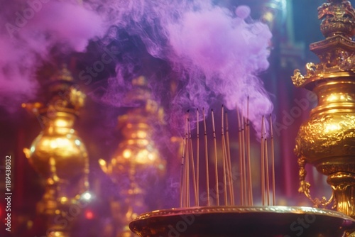 Gold vase with purple smoke coming out of it. The vase is filled with incense sticks photo