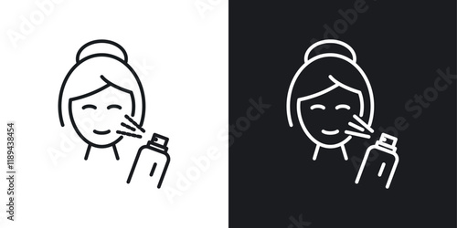 Spray on face icons vectors set in black. line and flat versions