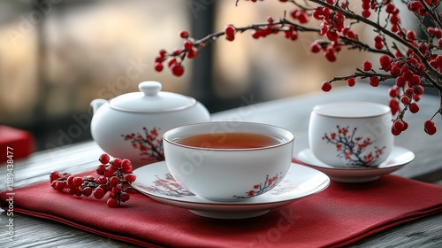 Warm tea served in elegant cups on a rustic wooden table with a cozy atmosphere