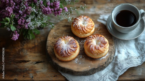 Delicious pastries and coffee served on a wooden platter with fresh raspberries