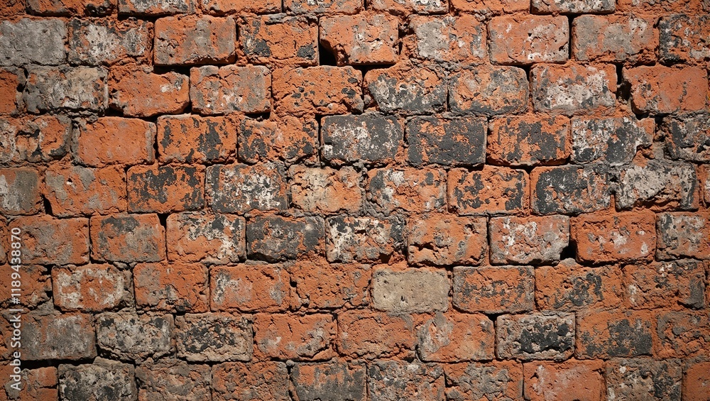 Fototapeta premium Weathered vintage brick fireplace with chipped red bricks black soot smudges and subtle shadows for rustic texture