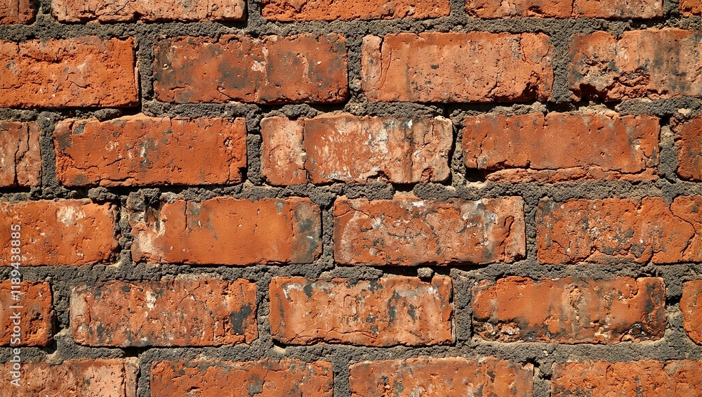 Fototapeta premium Weathered vintage brick fireplace with chipped red bricks black soot smudges and subtle shadows for rustic texture