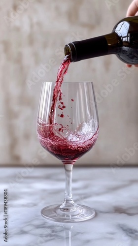 Pouring red wine into a glass with splashes creating dynamic motion on a dark...