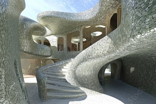 Futuristic Curved Architecture with Mosaic Texture in Sunlit Courtyard.