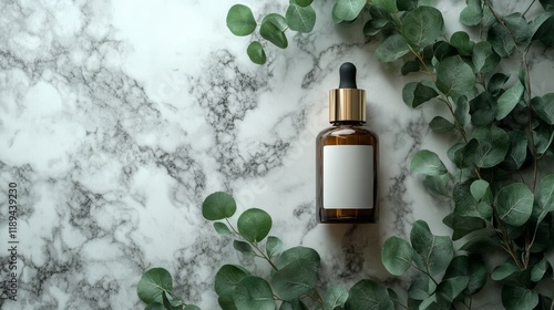 Natural essential oil bottle surrounded by green eucalyptus leaves on a dark ...