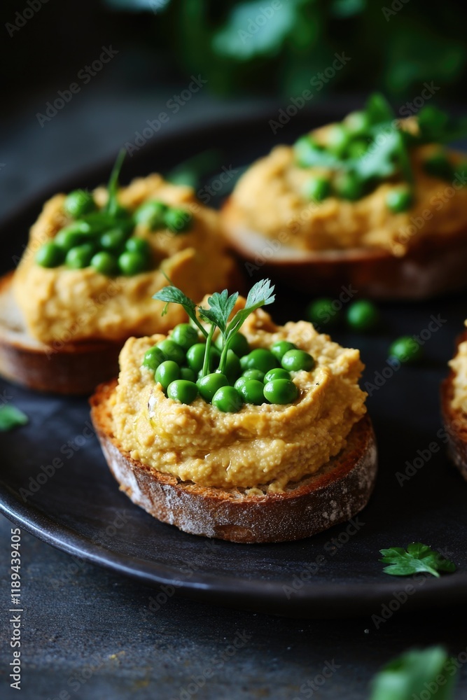 Plate of bread with a green herb on top. The bread is cut into small pieces and arranged on a black plate. The herb is a sprig of parsley Plate of bread with a green herb on top. The bread is cut into small pieces and arranged on a black plate. The herb is a sprig of parsley