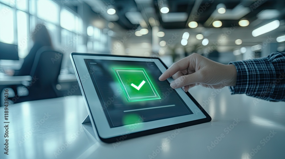 customer approving loan digitally with green checkmark glowing on tablet interface in bright office customer approving loan digitally with green checkmark glowing on tablet interface in bright office