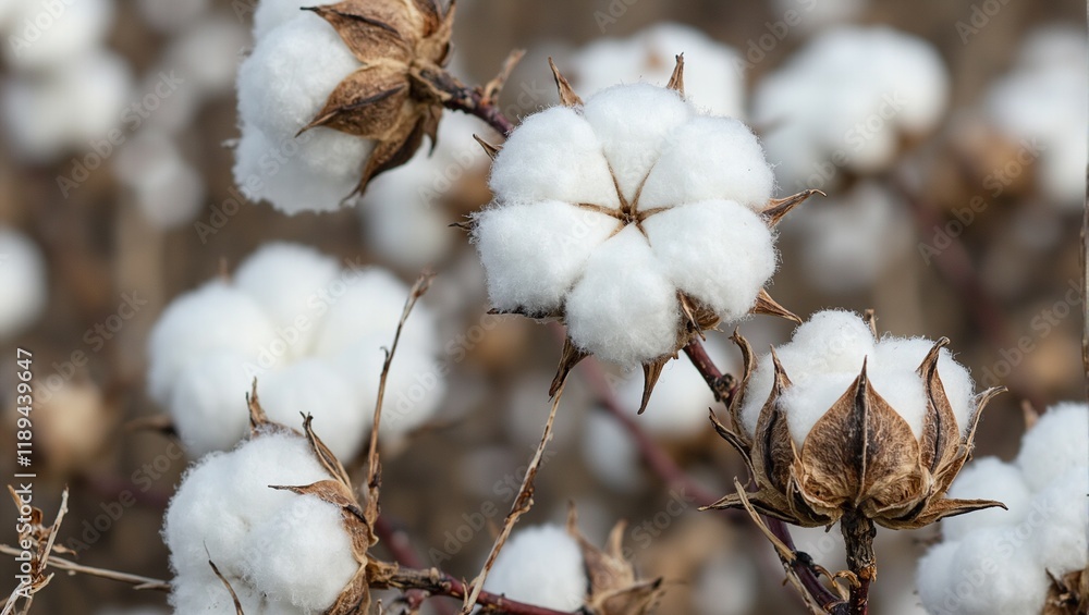 Freshly picked cotton bolls with fluffy white fibers against brown shells on dried stems Freshly picked cotton bolls with fluffy white fibers against brown shells on dried stems