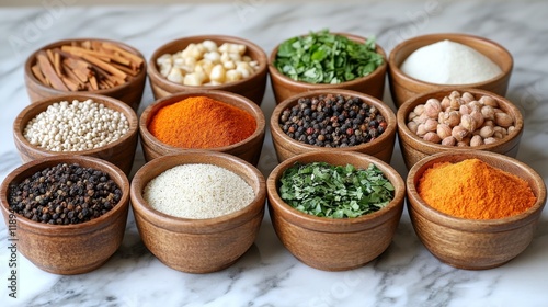 Discover the vibrant spices and herbs displayed in traditional clay pots at a...
