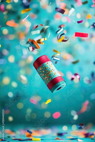 decorative noisemaker floating mid-air with colorful confetti surrounding it on blurred turquoise background