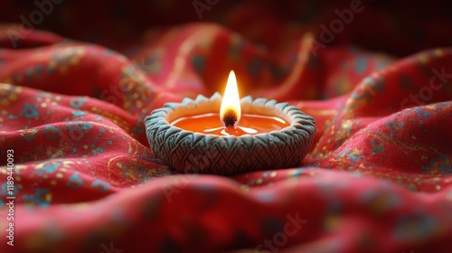 Warm glow of an oil lamp on vibrant red fabric during a festive celebration e...