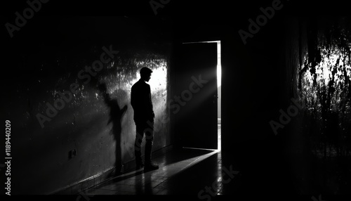 A silhouette in shadow stands at the threshold of a bright unknown portal waiting for what,s next photo