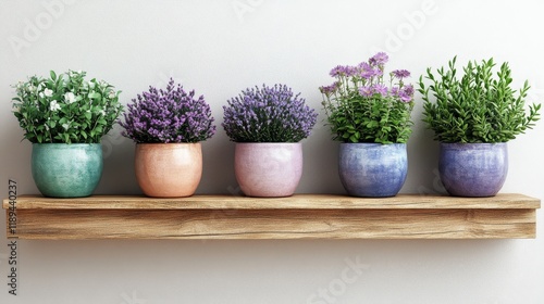 Colorful flower pots filled with blooming plants against a blue wall