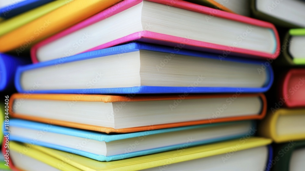 A pile of vibrant books stacked high, great for office or school settings A pile of vibrant books stacked high, great for office or school settings