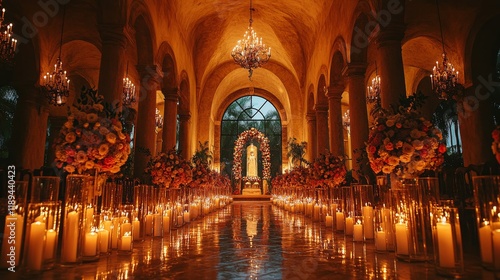 Elegant wedding ceremony setup with floral arrangements and candles in a gran...