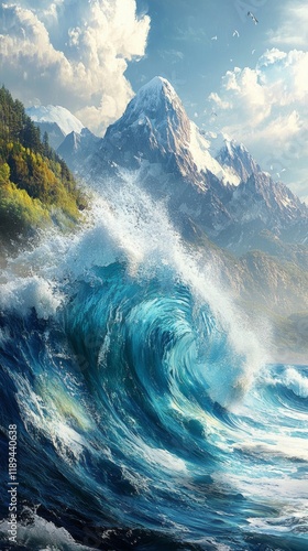 Waves crash against rocky shores under a bright sky with mountains in the bac...