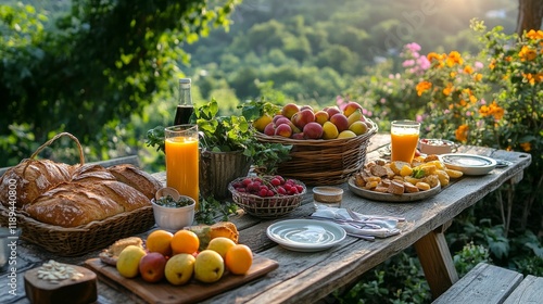 Breakfast table with fresh bread, grapes, and flowers on a wooden surface in ...