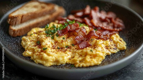 Breakfast plate with fluffy scrambled eggs, crispy bacon, and toasted bread s...