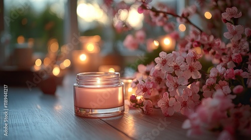 Soft pink candle surrounded by blossoms on a wooden table with warm lights in...