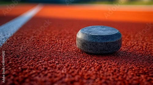Rusty weight plate resting on a track at sunset, symbolizing fitness and dete...