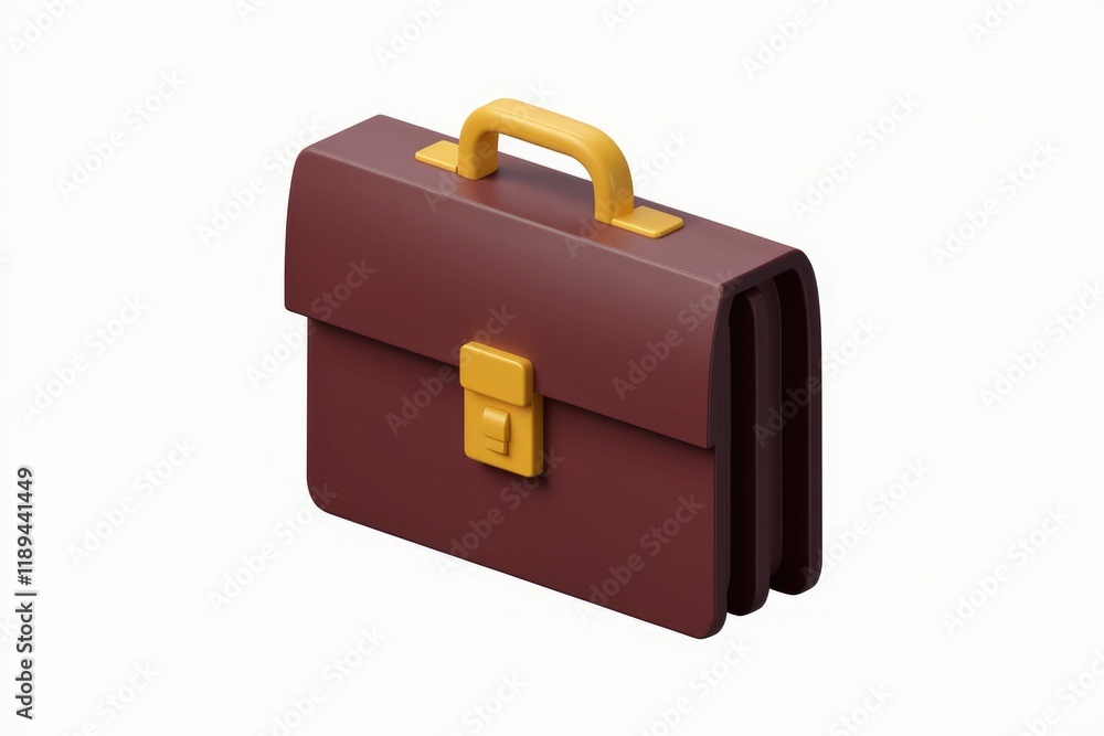 A maroon briefcase with a yellow handle and clasp, a 3D model. A maroon briefcase with a yellow handle and clasp, a 3D model.