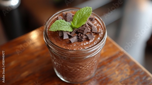 Velvety chocolate mousse topped with mint leaves served in a glass jar on a w...