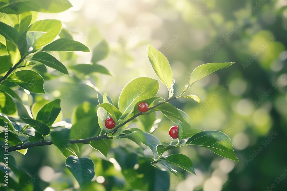 Fototapeta premium Sunlight on red berries, green leaves, nature background, for wellness, food