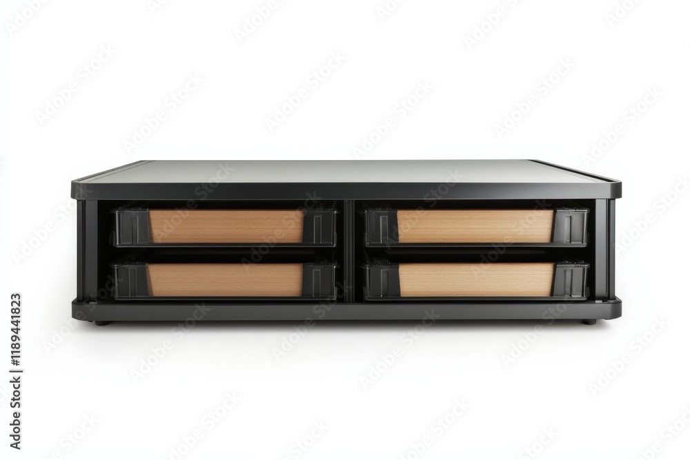 a black storage unit with four wood drawers a black storage unit with four wood drawers