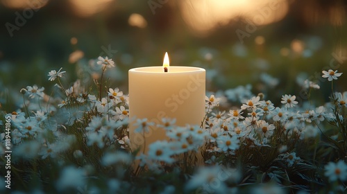 Candlelight surrounded by blooming flowers during a tranquil evening