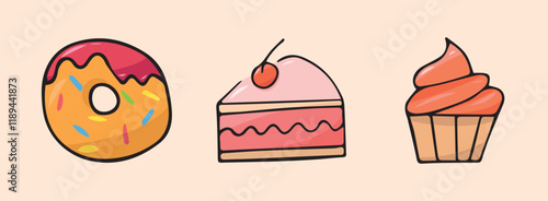 sweets. sweet food. colored icons on the theme of sweets. candy. ice cream. vector. doodle. a set of goodies. a template for creating a poster. cake. a cupcake. hats made of cream.