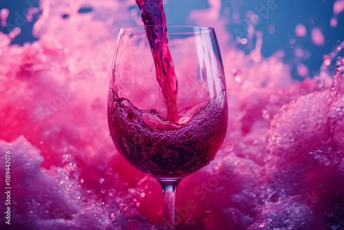 Pouring vibrant red liquid into a wine glass surrounded by colorful splashes ...