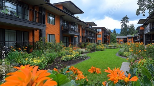 Modern residential area with landscaped pathways and contemporary architectur...
