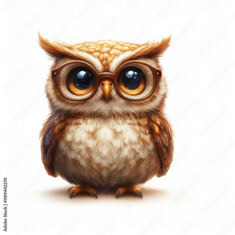 Obraz premium A detailed illustration of an owl with brown and white feathers, standing on its talons against a white background