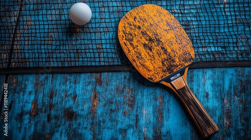 Table tennis ball and paddle resting on a blue table near the net during sunset