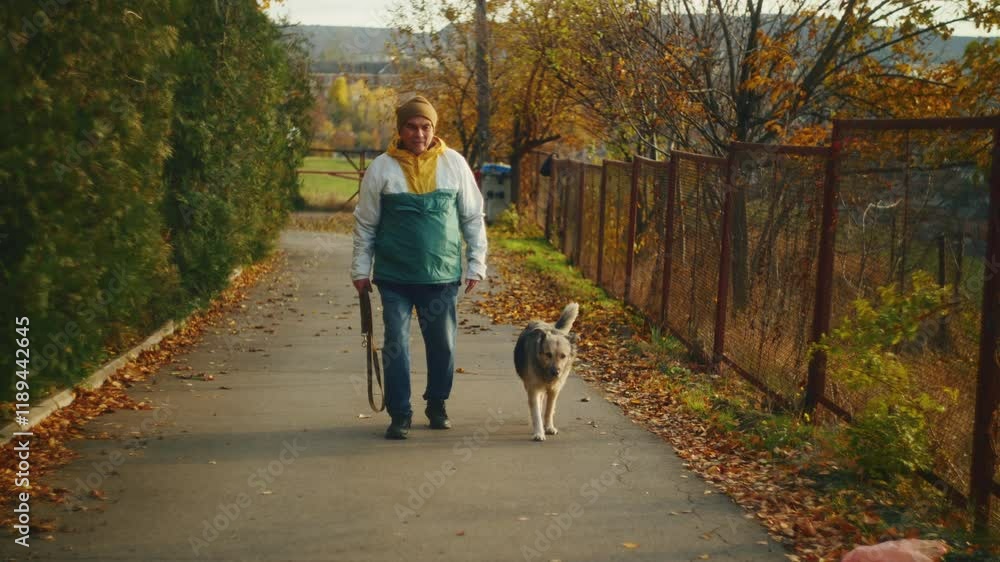 Elderly person walking a dog on a tree-lined path in autumn. Outdoor photography with natural light. Autumn season and active lifestyle concept. Elderly person walking a dog on a tree-lined path in autumn. Outdoor photography with natural light. Autumn season and active lifestyle concept.