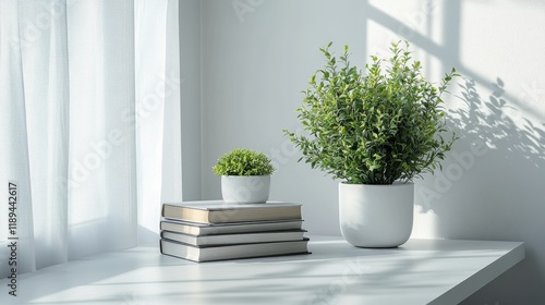 Modern home decor with books and plants on a stylish shelf against a light bl...