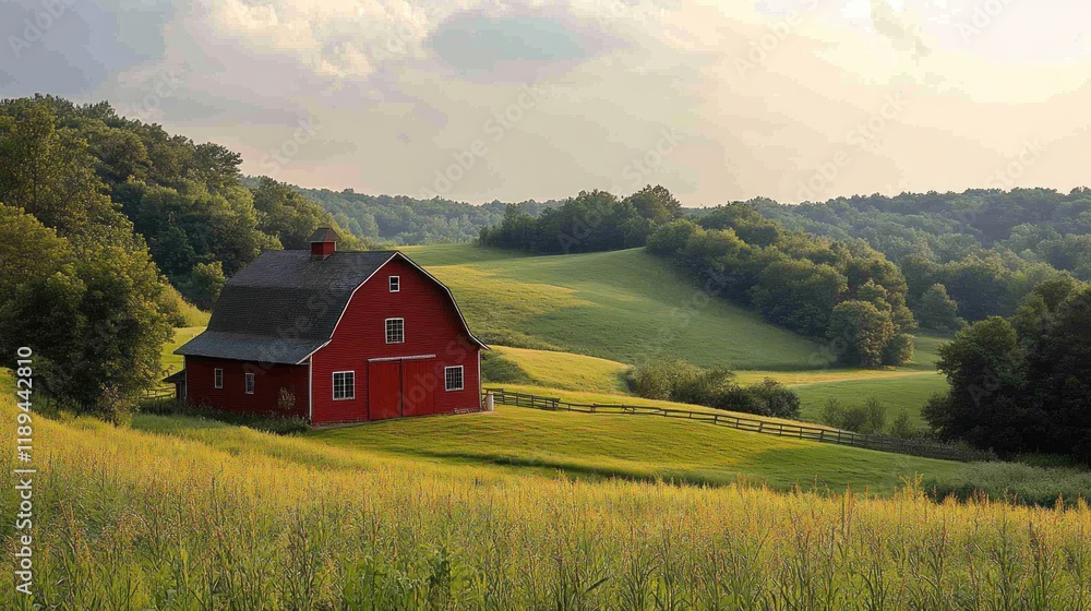 Idyllic rural scene red barn on rolling green hills under a cloudy sky. Idyllic rural scene red barn on rolling green hills under a cloudy sky.